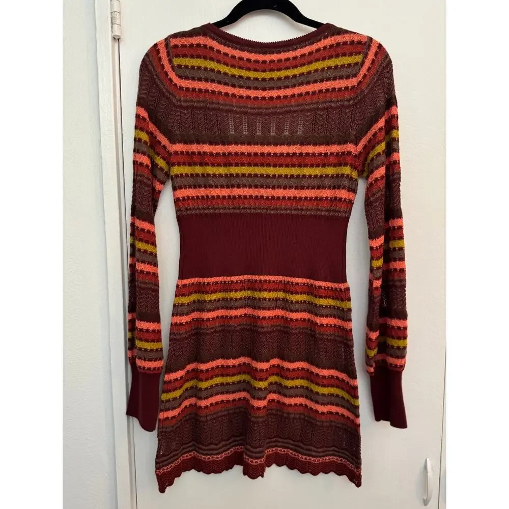 Free People Stripe Knit Wool Blend Sweater Dress in Burgundy Size Medium
